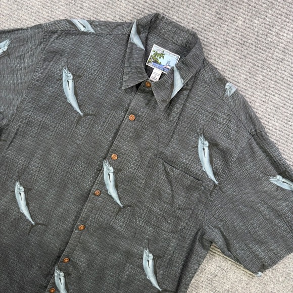 AFTCO Other - AFTCO Bluewater Mens XL Marlin Fish Print Button Up Shirt Grey Blue Short Sleeve